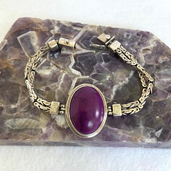 Sterling Silver 925 Purple Stone Dyed Howlite Chunky Byzantine Chain Bracelet - Picture 3 of 16